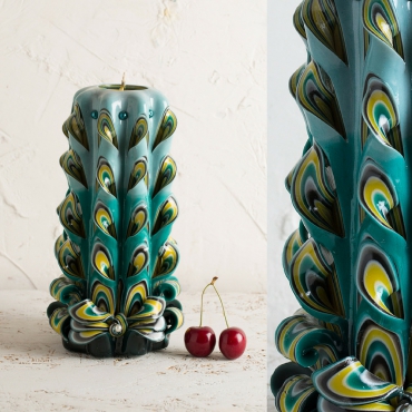 Carved candles - Big peacock tail - Turquoise candle - Decorative carved candle - EveCandles