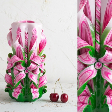 Big Pink Candles with Green and White - Decorative handmade carved candle - EveCandles